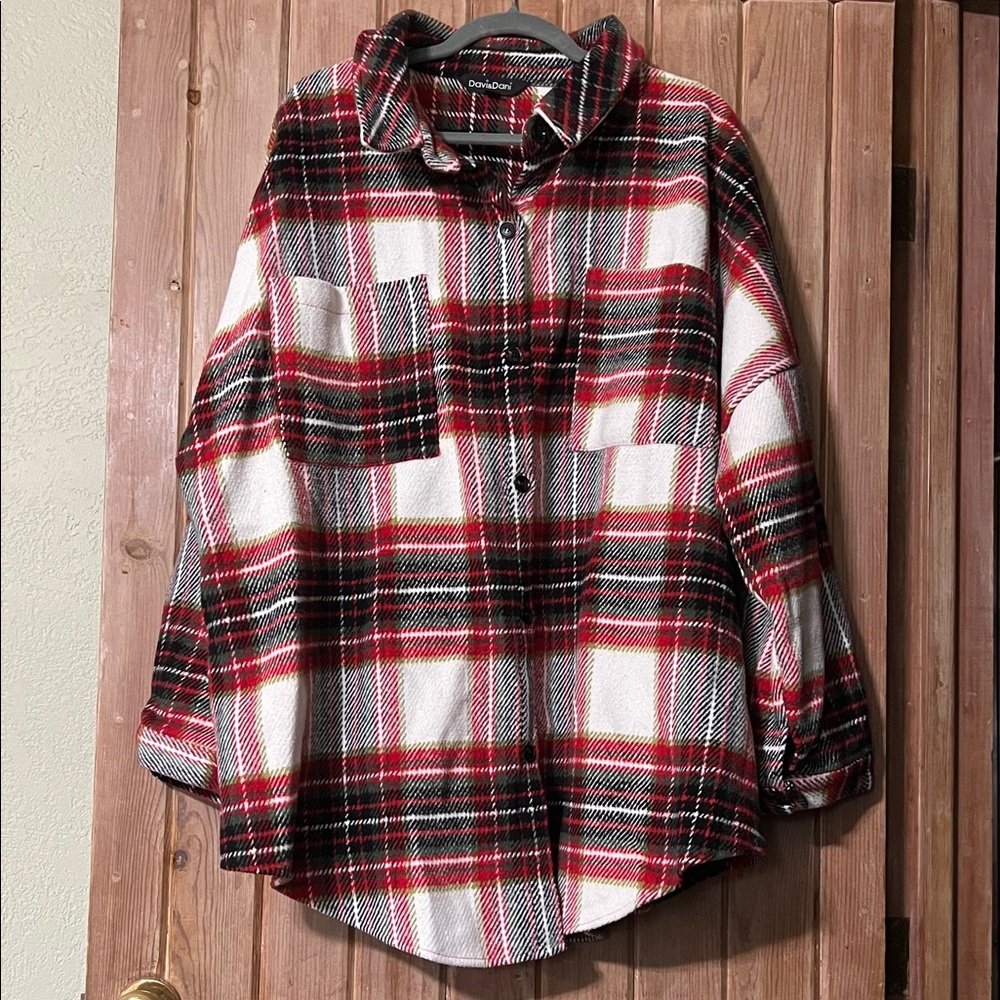 DAVI & DANI Red and Black Plaid Button Down Shirt Shacket